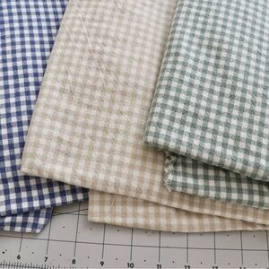 Textured cotton gingham fabric bundle in Blue, Beige, and Green
